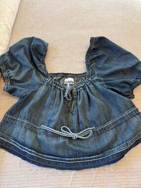 Ganni Washed Blue Denim Tie-Front Peasant Top